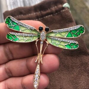 Vintage Green Enamel Crystals Dragonfly Brooch